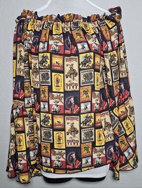 Lucky & Blessed Western Cowboy Print Tunic Top Small Boho Frontier Bell Sleeve